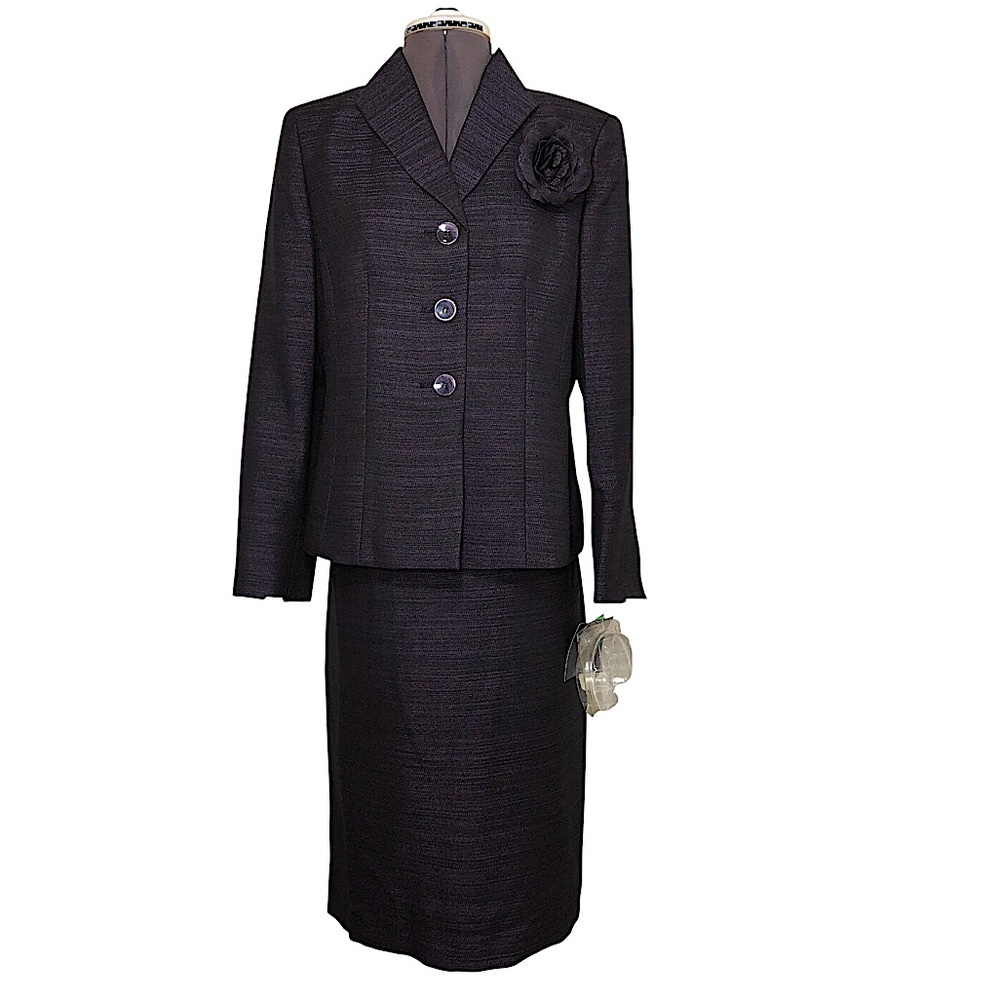 Le Suit Polyester Purple Black Metallic 2PC Skirt Suit Stand Up Collar 8P